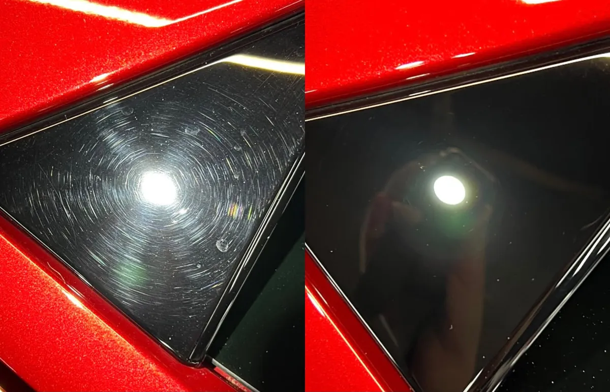 Mirror-finish red paintwork after machine polishing and paint correction